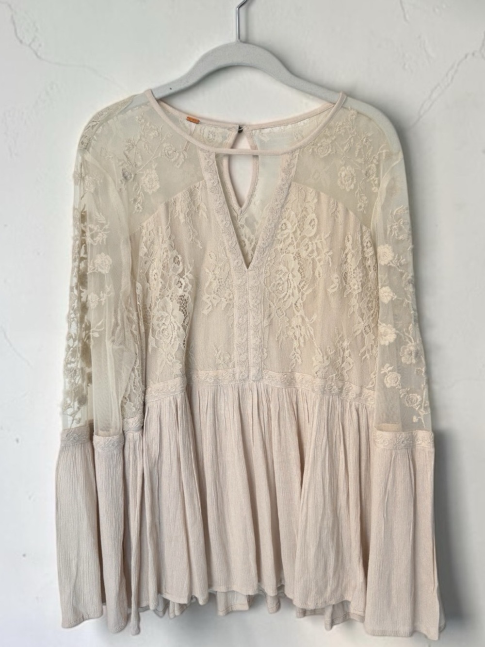 Free People Boho Ivory Lace Tunic Bell Sleeves Sheer Back L Festival Fairycore